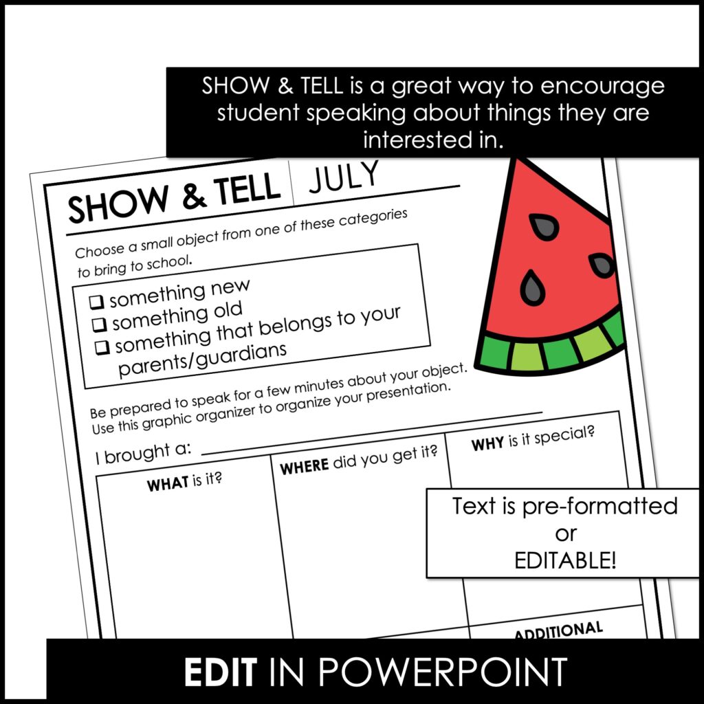 editable show and tell templates to use as a discussion activity in ESL classrooms