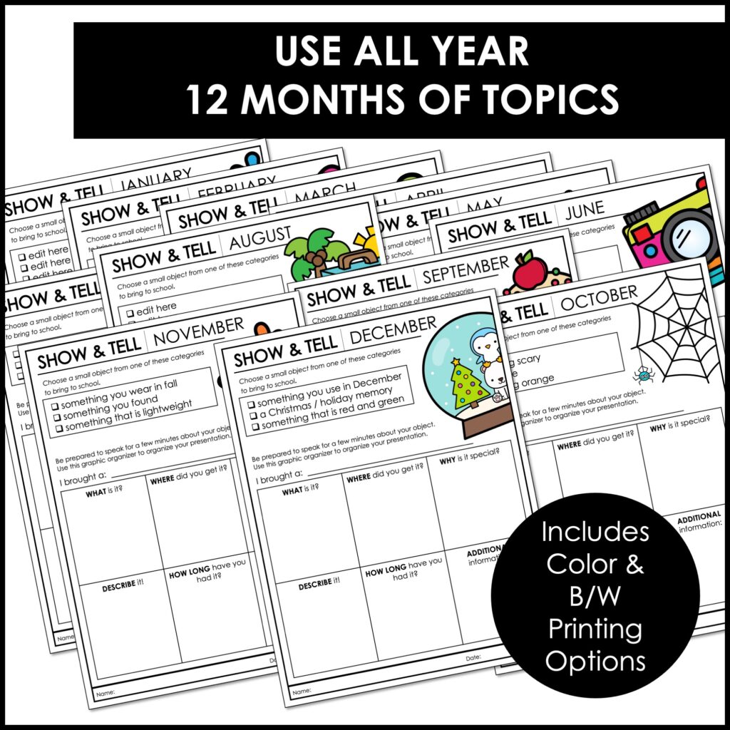 12 different monthly show and tell worksheets