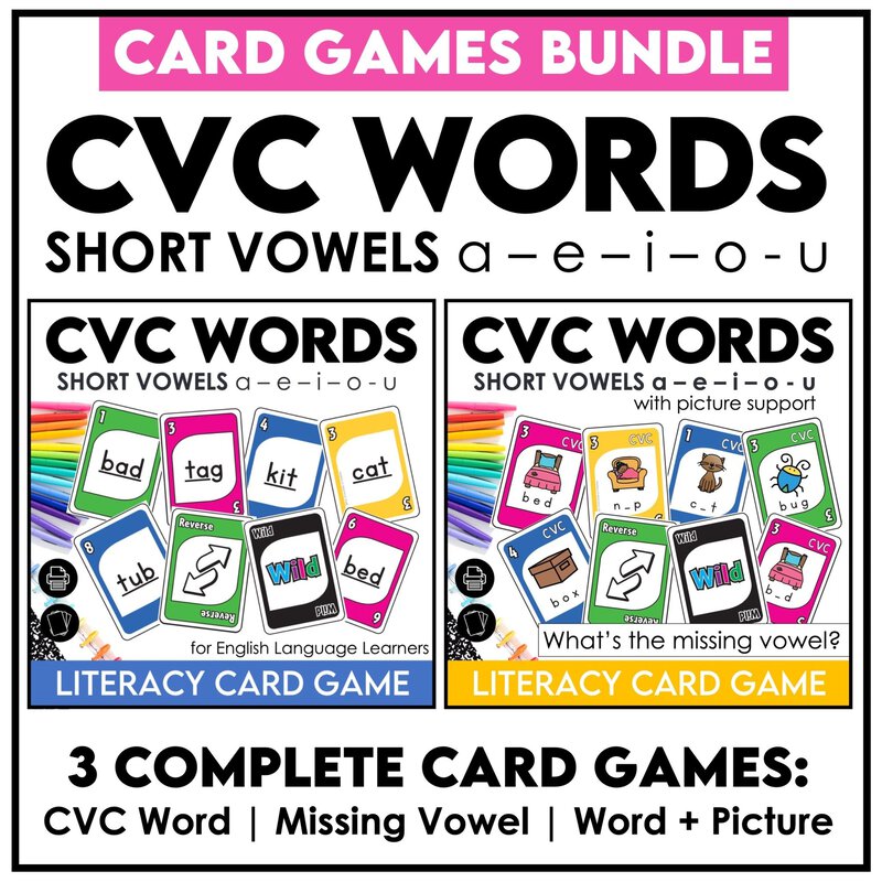 CVC short vowel card games bundle with CVC words, missing vowels, and picture-supported literacy games