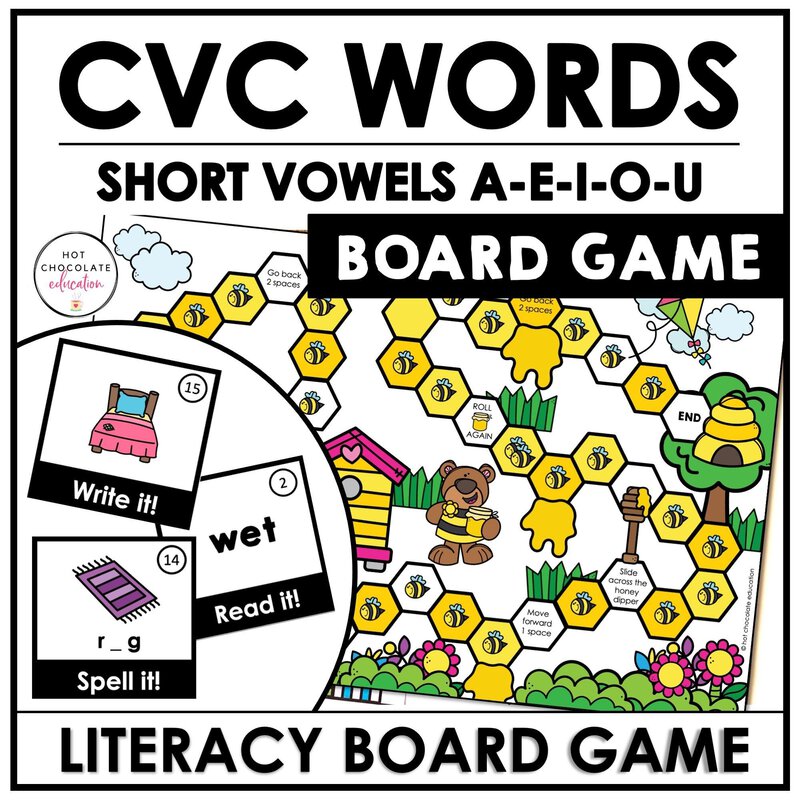 CVC word fluency board game for reading, writing, and spelling short vowels A, E, I, O, and U