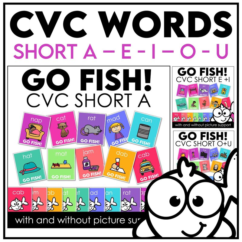 CVC Go Fish literacy card game bundle for short vowels A, E, I, O, and U