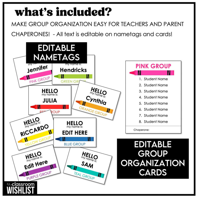 Student name tags and group cards for field trip day organization and chaperone group management