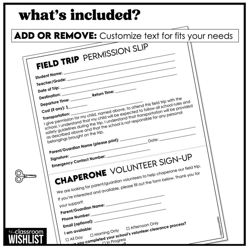 Field trip kit templates for teachers including permission slip, parent letter, volunteer form, name tags, and student group cards