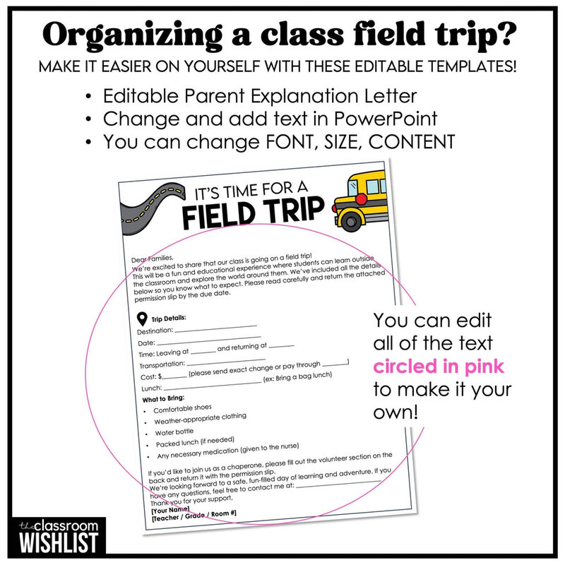 Editable field trip permission slip template with matching parent letter and classroom organization forms