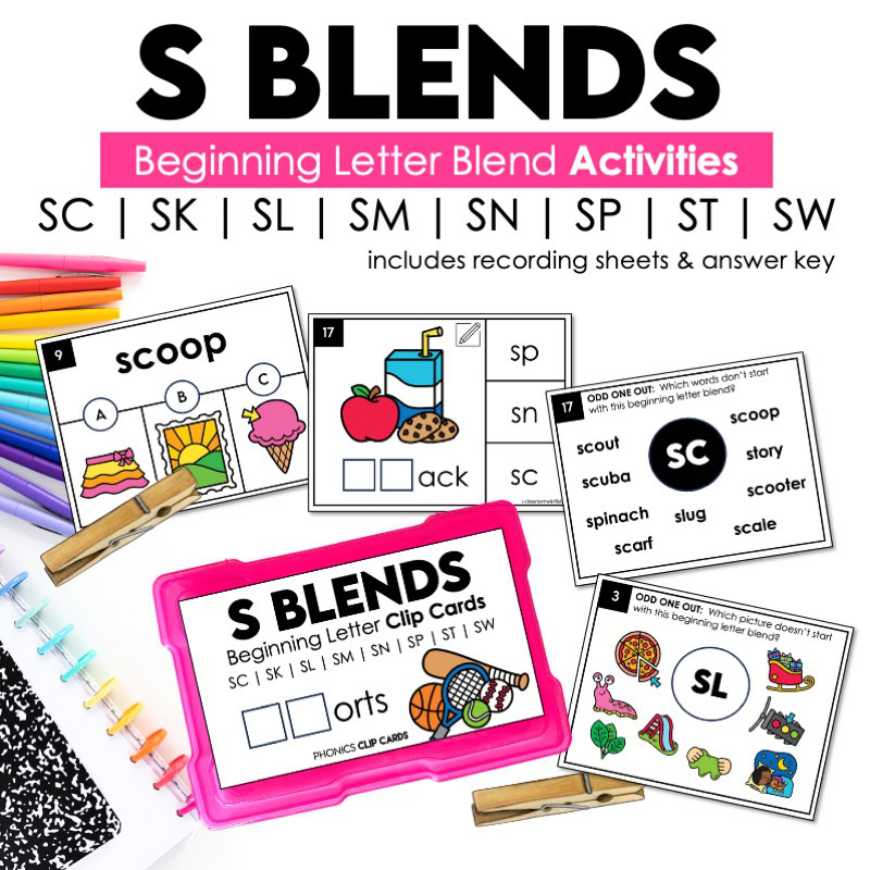 3 Fun Ways To Practice S-Blends In First Grade Beginning S blends phonics task cards for practicing SC, SK, SL, SM, SN, SP, ST, and SW blends with clip cards, odd one out activities, recording sheets, and answer keys.