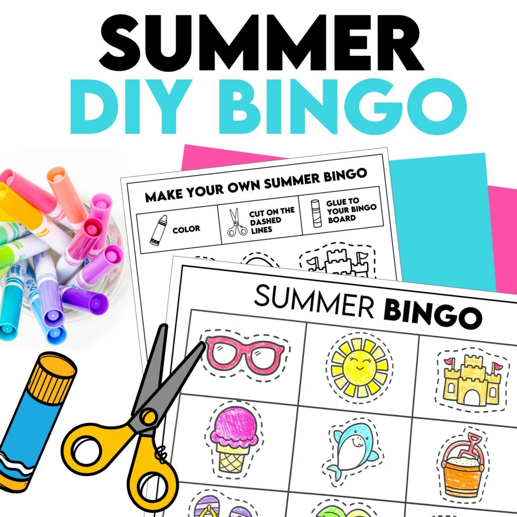 A Simple Summer Bingo Game Teachers Can Use in Three Ways Summer bingo cut and paste activity for preschool and kindergarten students with printable bingo boards, coloring, scissors, and fine motor practice.